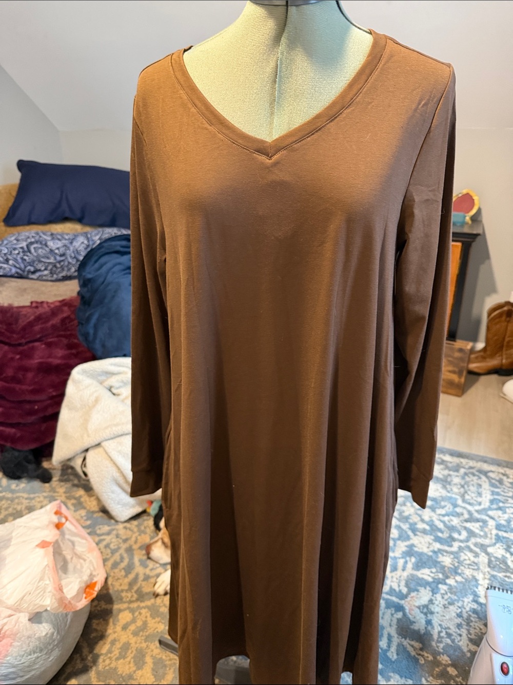 LuLaRoe Emily Brown V-Neck Long Sleeve Dress